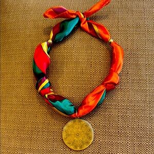 Colorful Silk Scarf Necklace with Vintage Medallion